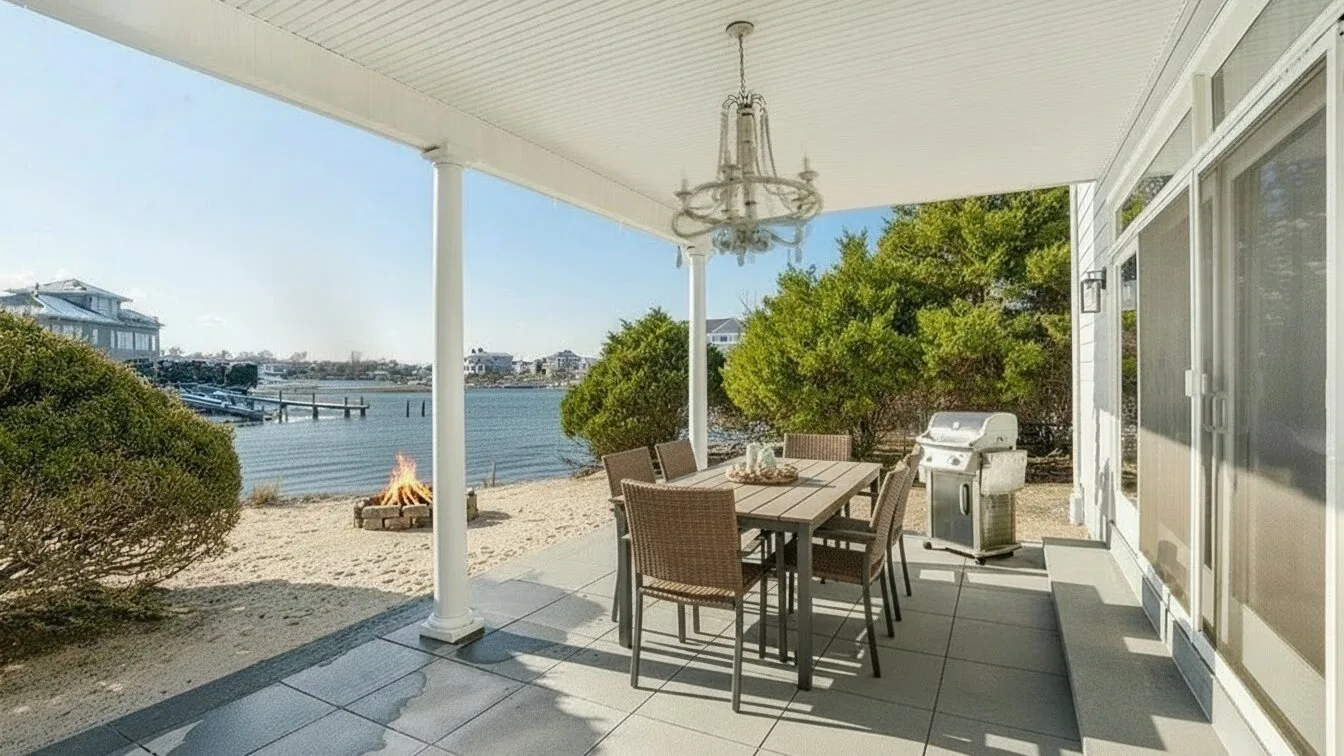 Un patio cubierto junto al agua, con una mesa de comedor y una parrilla exterior.