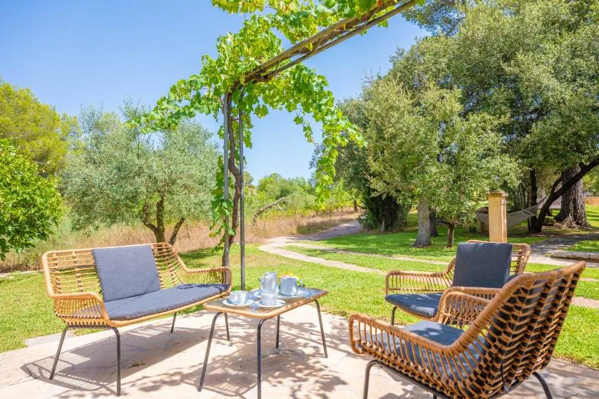 Outdoor seating sits beneath a leafy pergola beside a green garden.