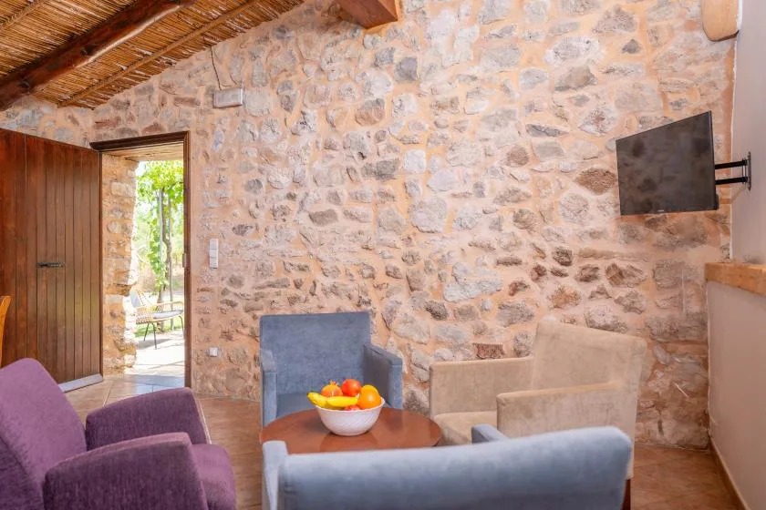 A stone-walled living room with colorful seating and a television.