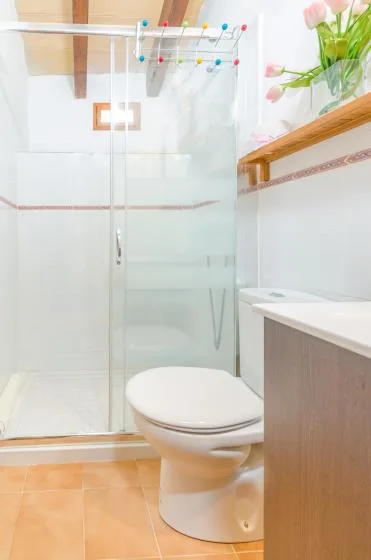 A bathroom with a glass shower, toilet, and vanity.