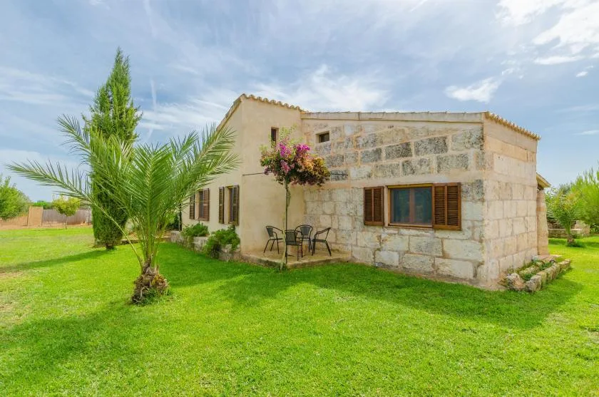 A stone house stands beside a green lawn, with a palm tree nearby.