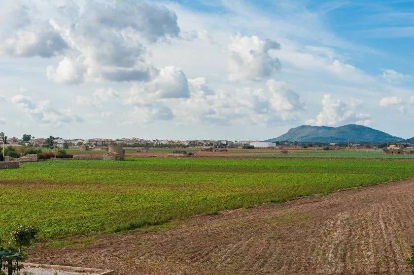 Green agricultural fields stretch toward a distant town and mountain beneath a cloudy sky.