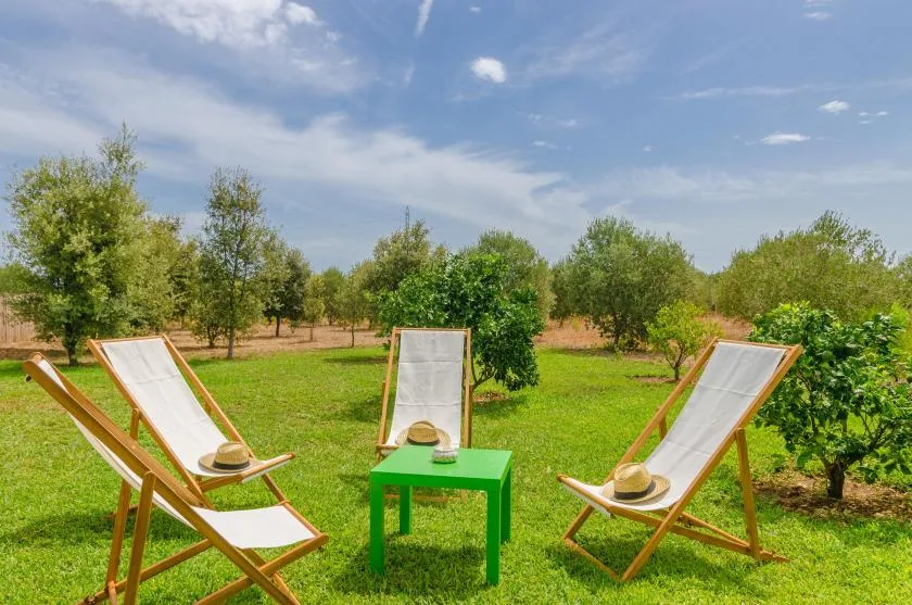 Outdoor seating in a green garden, with two loungers and a small table.