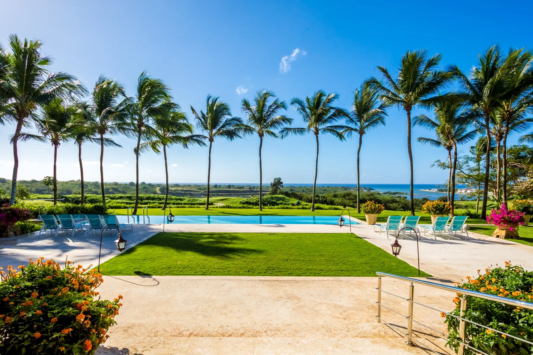 A landscaped outdoor pool area with palm trees and a view of the ocean.