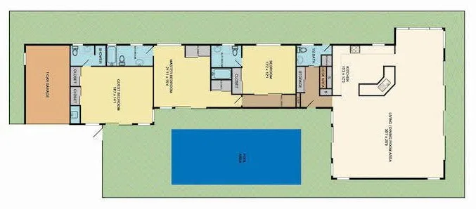 A floor plan shows a home arranged around a rectangular swimming pool.