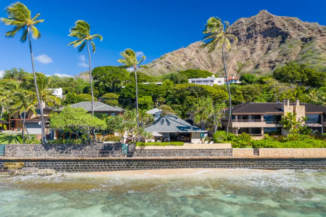 A tropical waterfront scene with palm trees, low buildings, and a mountain behind them.