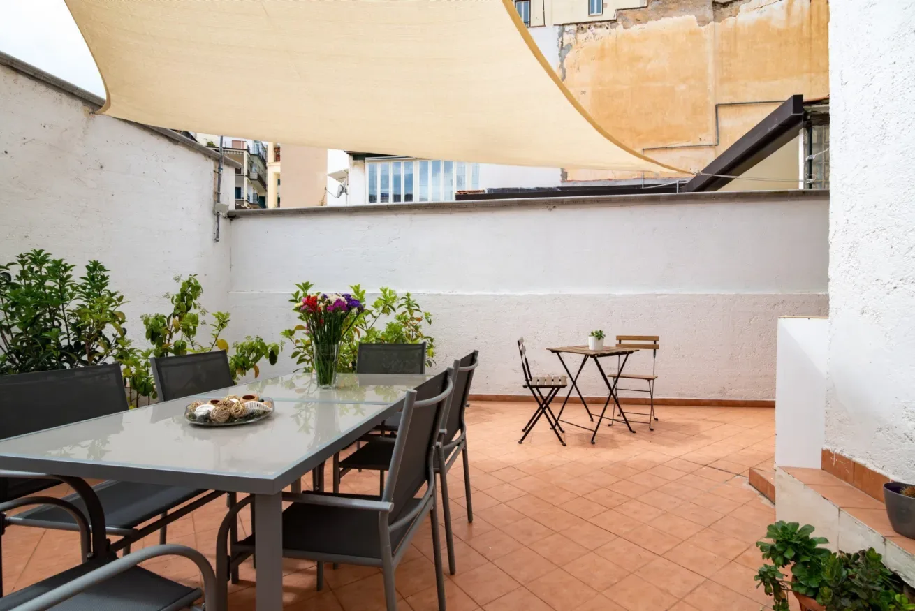 Una terraza exterior con mesa, sillas y plantas en macetas bajo un toldo.