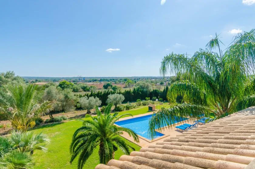 Una piscina y vegetación circundante dan a un amplio paisaje rural.
