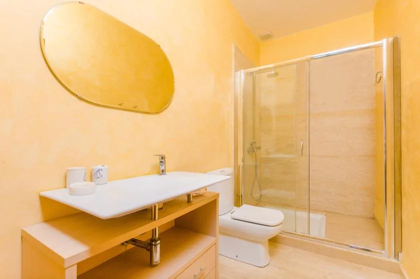 Un baño con lavabo, espejo, inodoro y ducha de cristal.