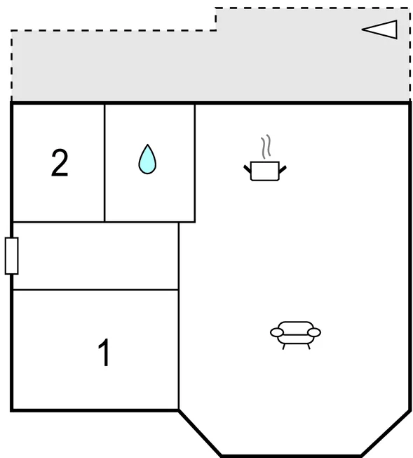 A simple floor plan diagram shows two numbered rooms and a larger open area.