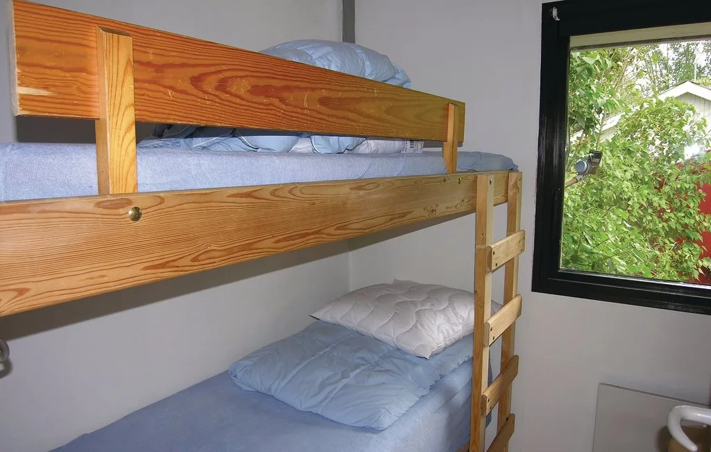 A bunk bed with blue bedding sits beside a window overlooking greenery.