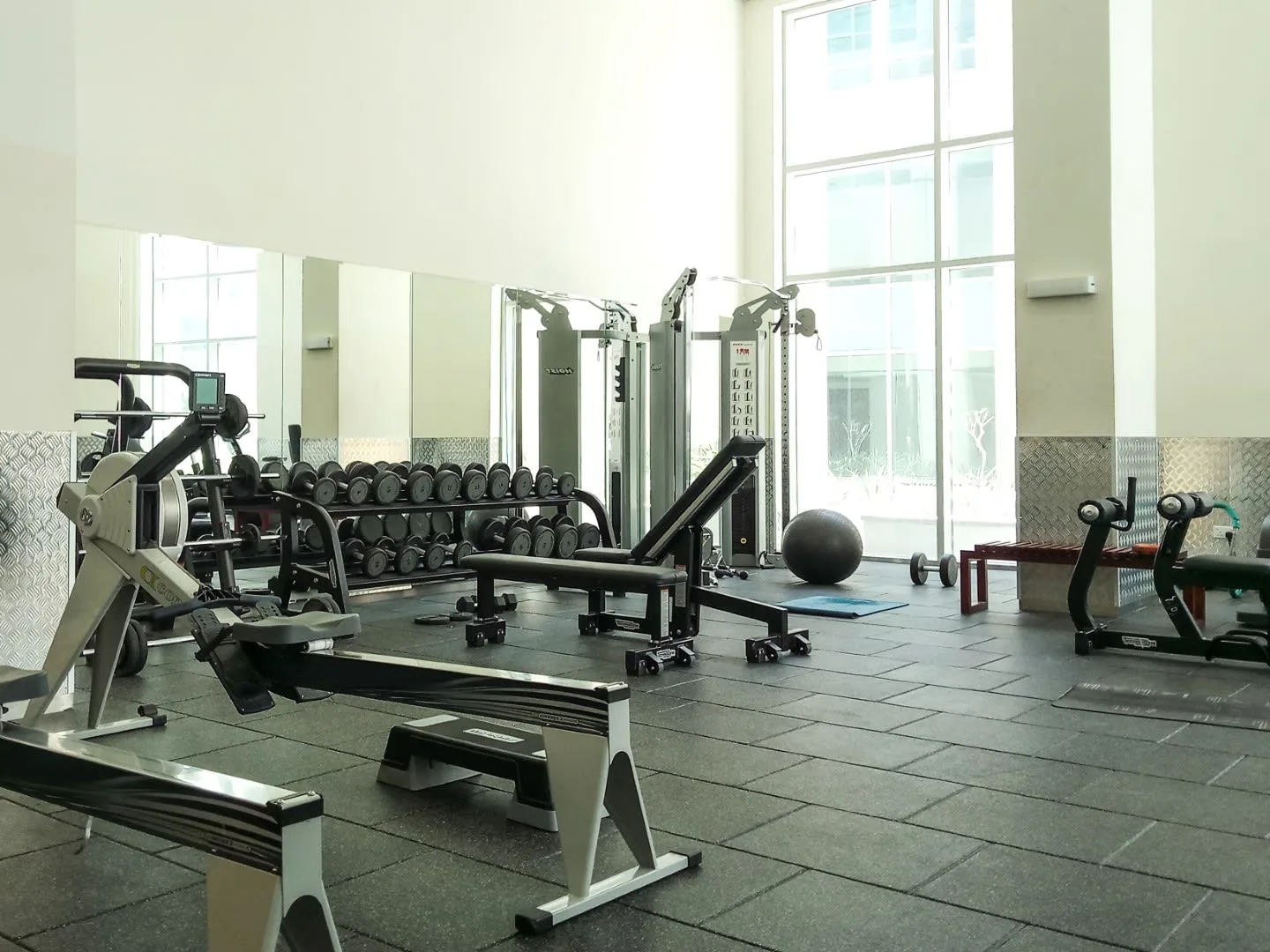A gym with weight machines, dumbbells, and large windows.