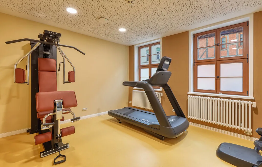 A workout room with exercise equipment and a treadmill beside the windows.