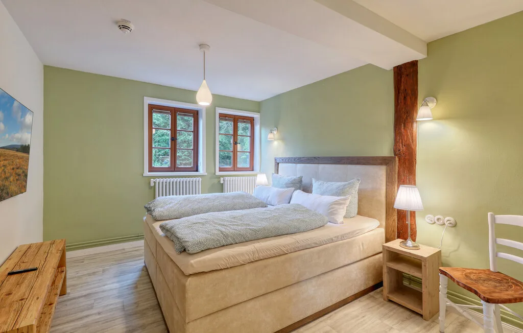 A bedroom with a bed, pale green walls, and two windows.