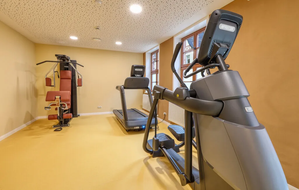 A gym with exercise machines and large windows.