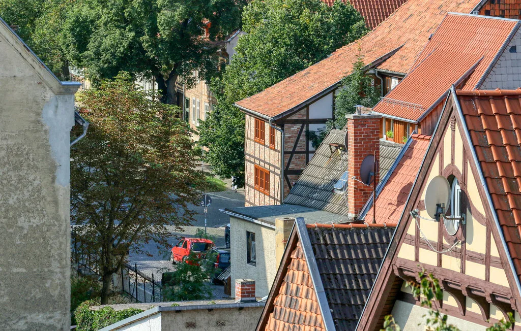 A view of nearby buildings with red tiled roofs and leafy trees.