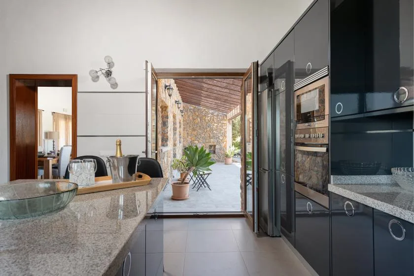 A modern kitchen opens onto a covered stone patio with plants.