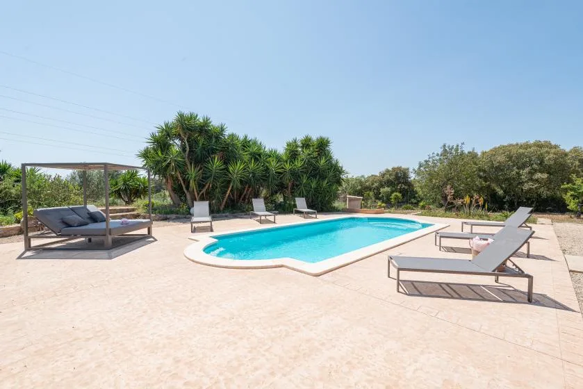 An outdoor swimming pool is surrounded by lounge seating and greenery.