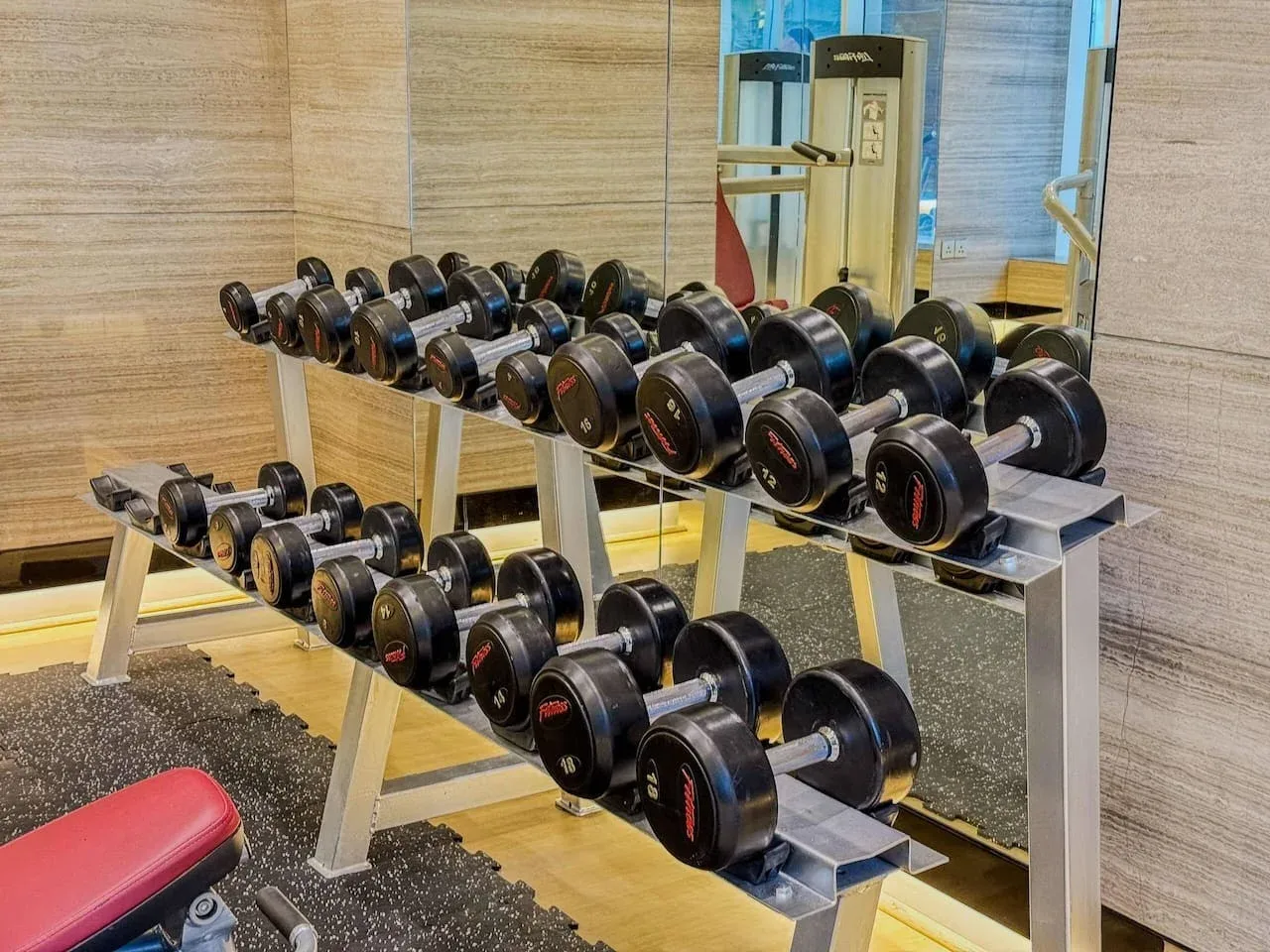 Zona de pesas de un gimnasio con mancuernas en soportes frente a un espejo.