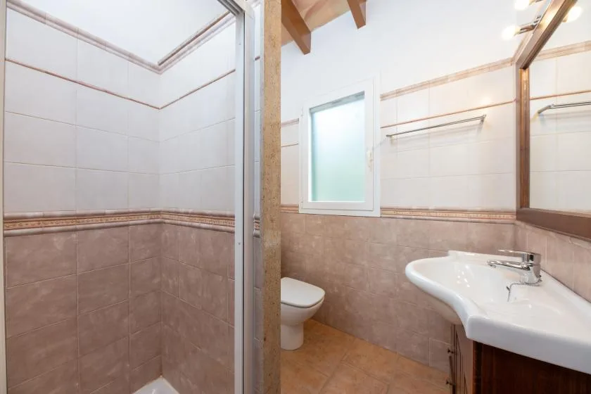 Un baño alicatado con ducha, lavabo y una pequeña ventana translúcida.