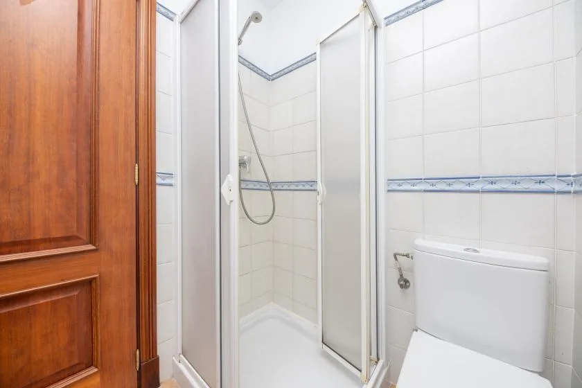 Un baño alicatado con ducha e inodoro junto a una puerta de madera.