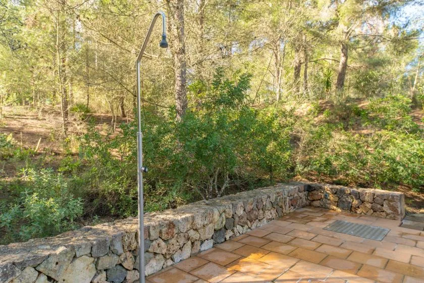 Un patio exterior pavimentado con piedra junto a una zona arbolada, con una ducha exterior.