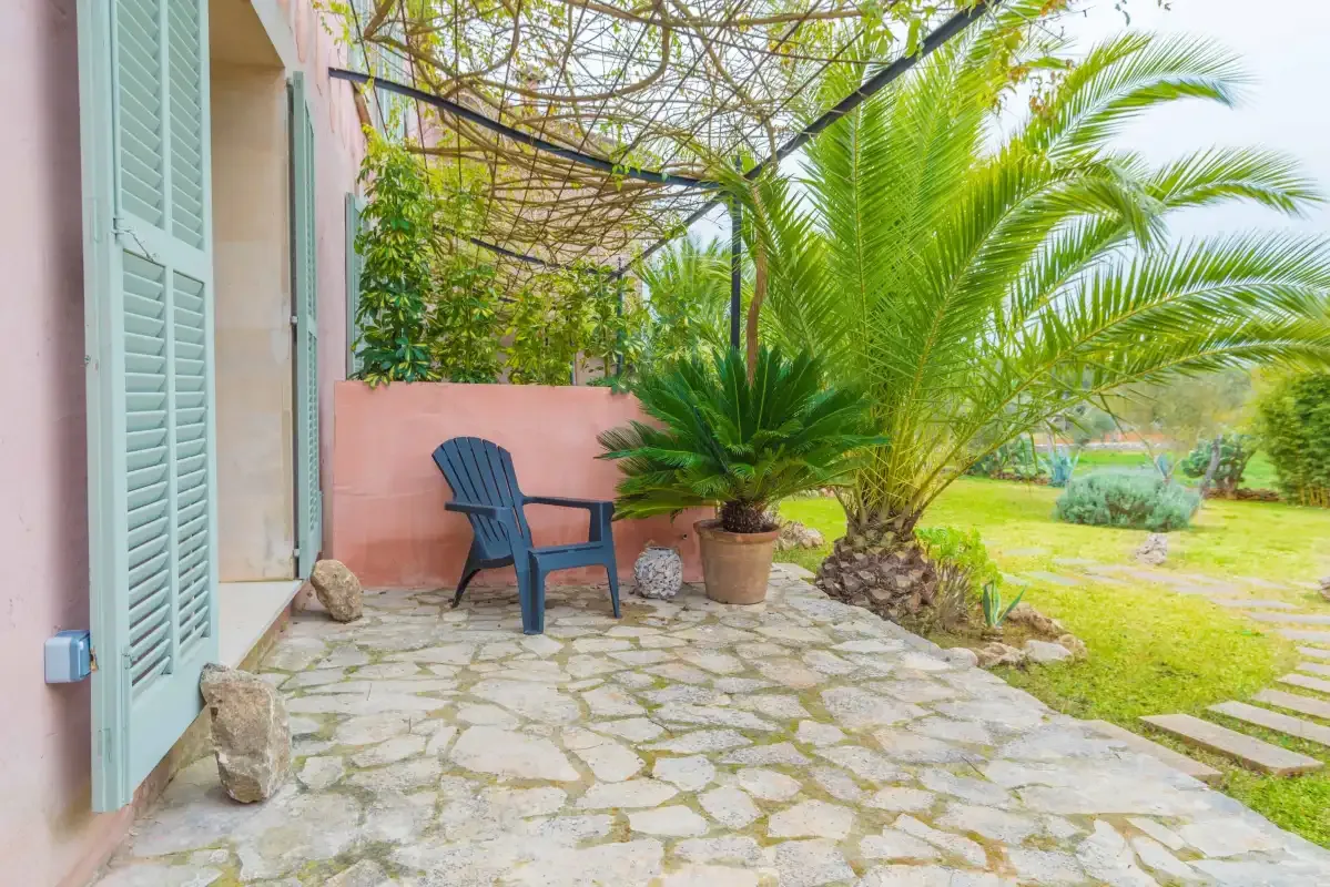 Un patio de piedra con una silla azul, una palmera en maceta y un jardín al fondo.