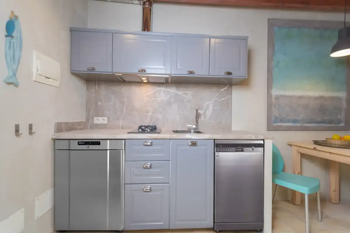 Una cocina compacta con gabinetes claros, una placa de cocción y electrodomésticos de acero inoxidable.