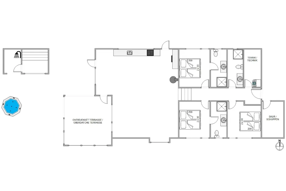 Un plano muestra una sala central, varios dormitorios y una terraza exterior.