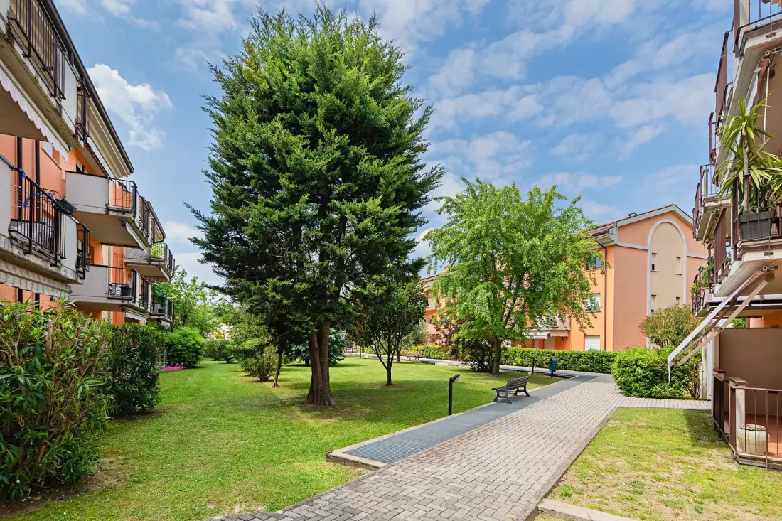 A landscaped courtyard between apartment buildings, with trees, lawn, and a paved path.