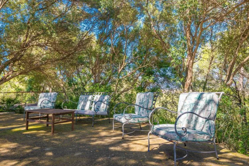 Una zona de estar al aire libre bajo árboles frondosos, con sillas y una mesa pequeña.