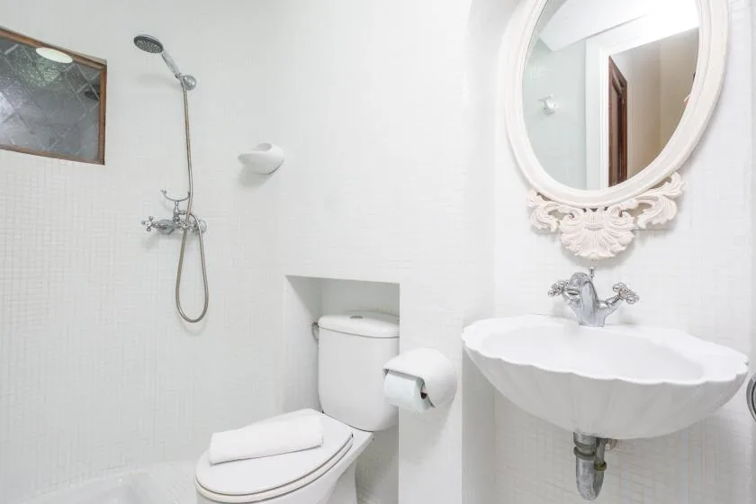 Un baño con ducha, inodoro y lavabo de pedestal bajo un espejo decorativo.