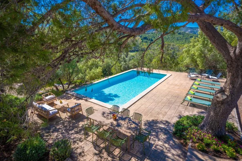 Una piscina al aire libre está en un patio pavimentado bajo grandes árboles.