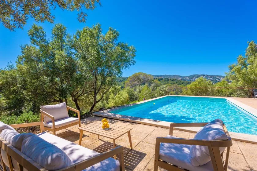 A swimming pool beside a sunlit patio with outdoor seating and trees beyond.