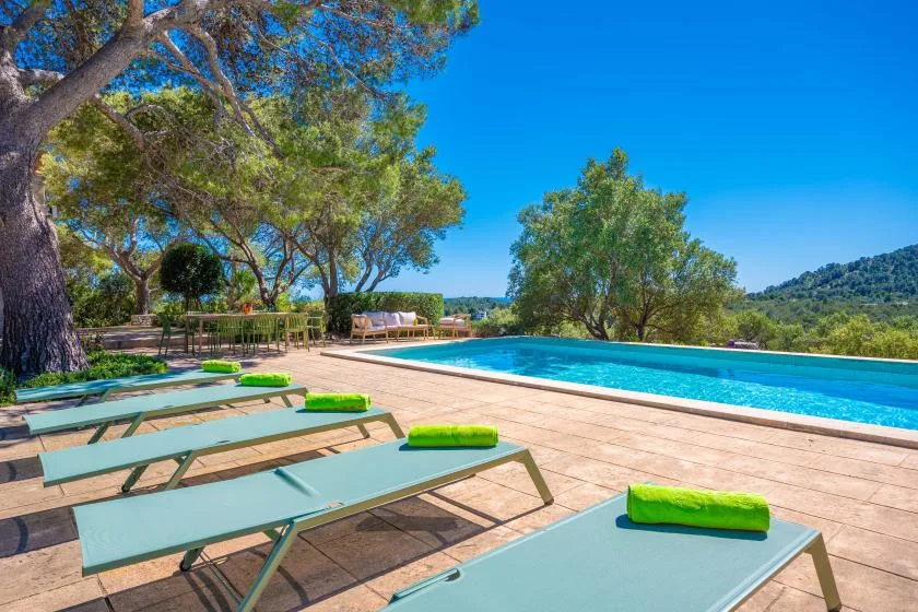 Una terraza junto a la piscina con tumbonas, árboles y vistas a una colina.