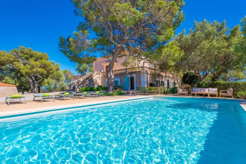An outdoor swimming pool is surrounded by trees and lounge seating.