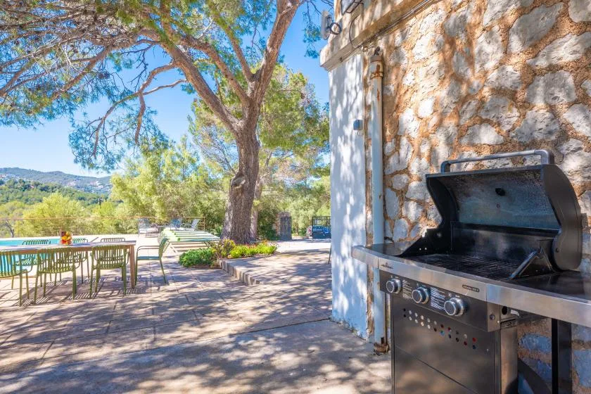Un patio al aire libre con parrilla, mesa de comedor y árboles, frente a un paisaje verde.