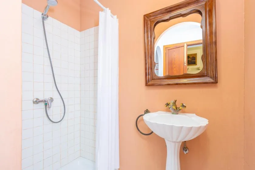 Un baño color durazno con ducha, lavabo de pedestal y espejo de pared.