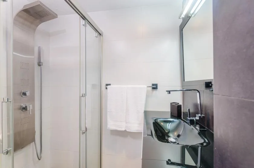 Un baño moderno con una ducha de vidrio y un lavabo bajo un espejo.