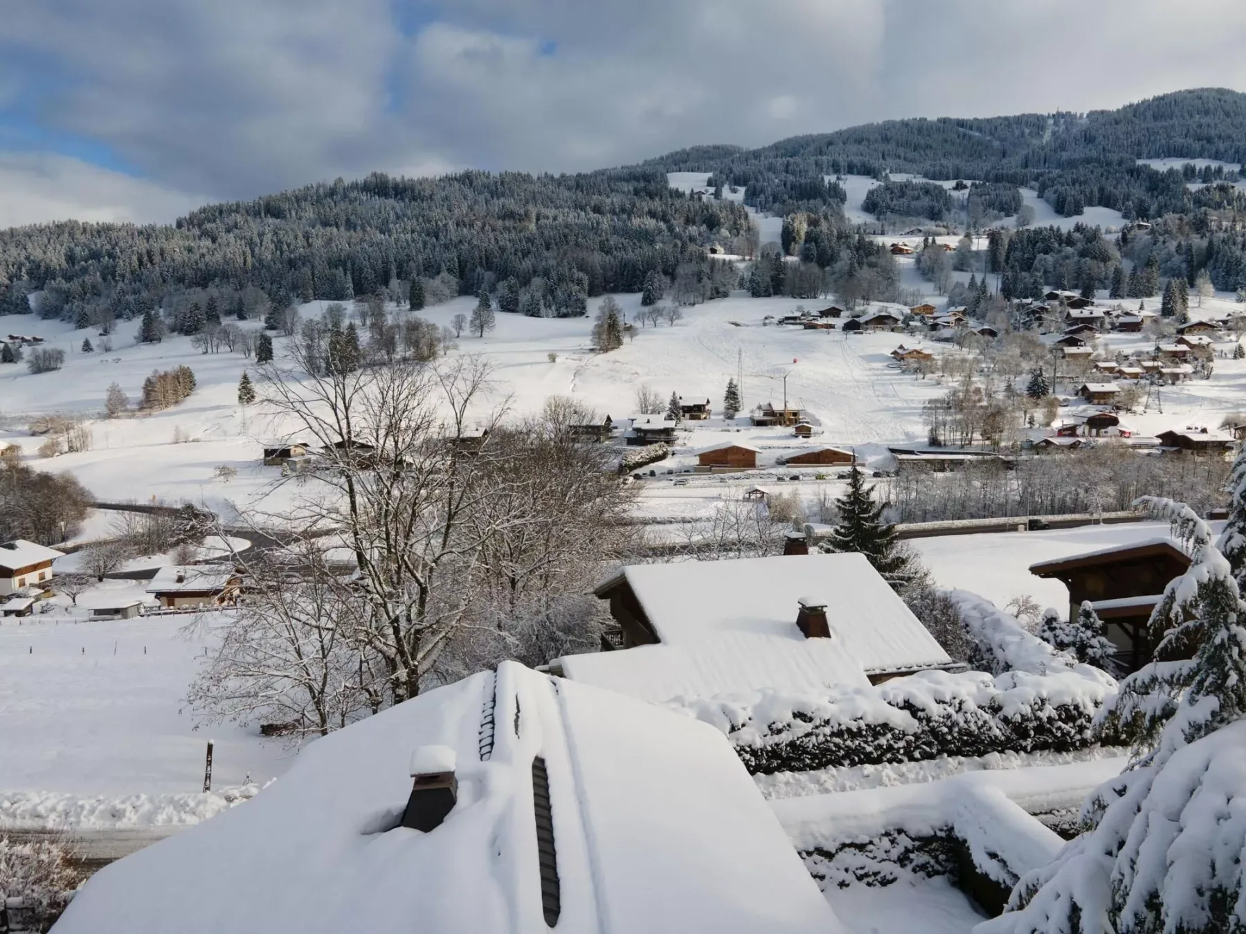 Snow-covered rooftops overlook a snowy village and forested hills.