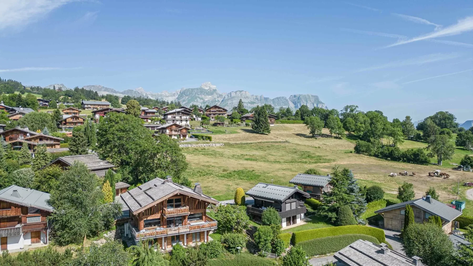 A hillside village with scattered homes, green fields, and distant mountains.