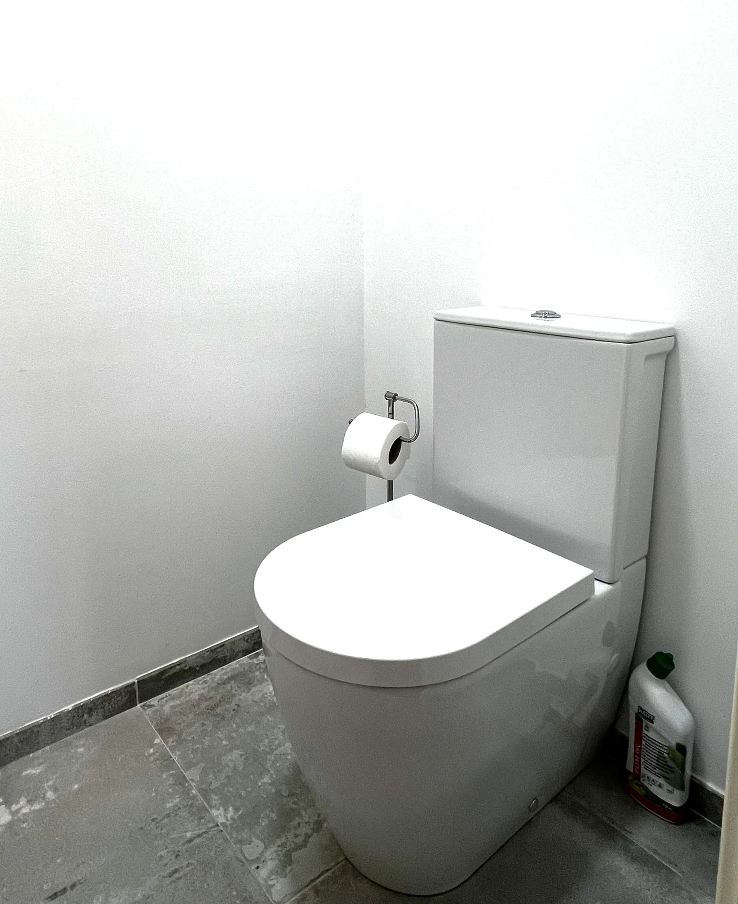 Un baño con un inodoro y un portarrollos de papel al lado.