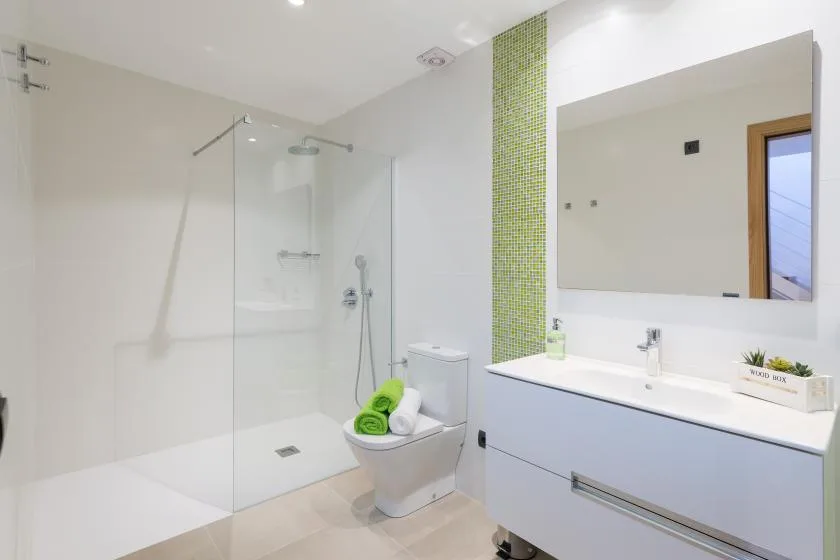 A bright bathroom with a glass shower, toilet, and wide vanity.