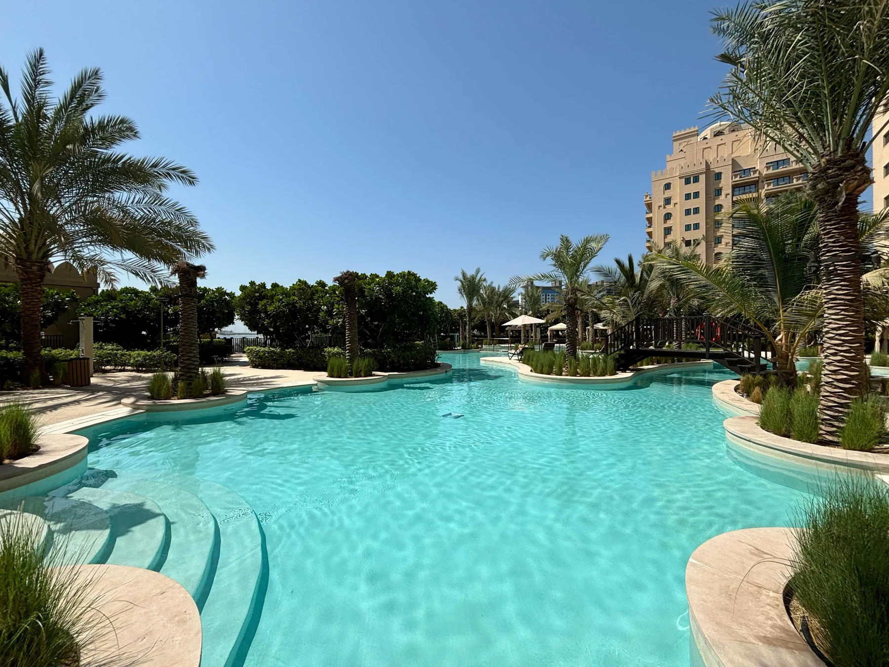Una piscina exterior ajardinada con palmeras y un edificio alto cerca.