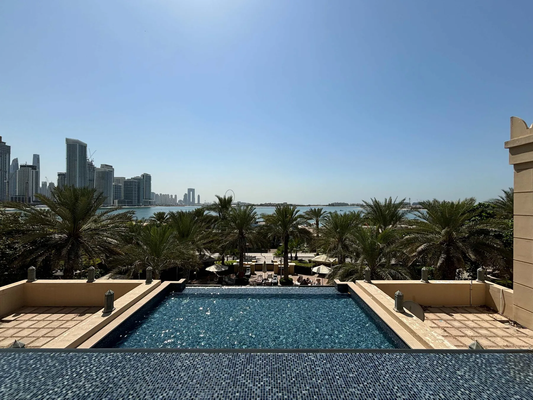 Una piscina en la azotea da a palmeras y un horizonte urbano lejano.