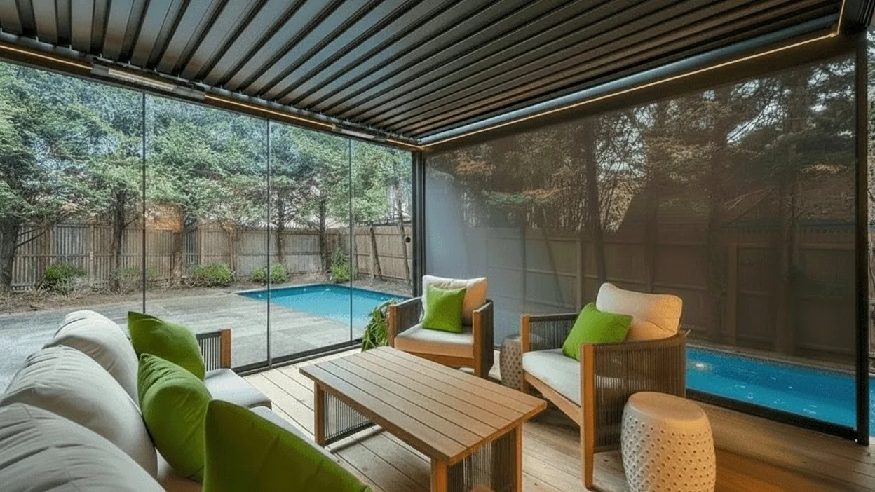 Una zona de estar en un patio cubierto da a una piscina pequeña y un jardín arbolado.