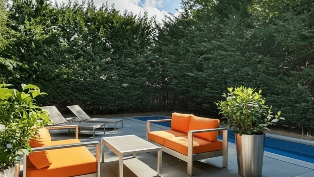 Un patio al aire libre con asientos naranjas, una mesa y plantas frondosas.