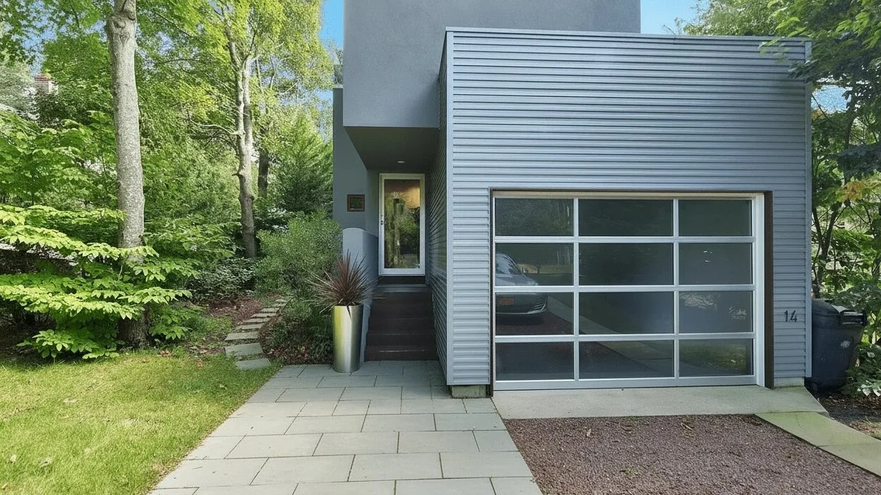 Exterior de una casa moderna con una amplia puerta de garaje y un sendero pavimentado.