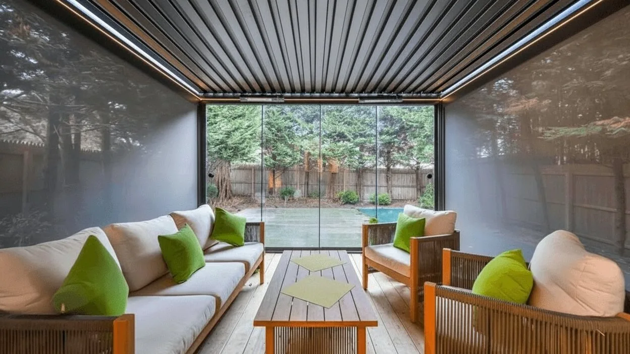 Un patio cubierto tiene asientos acolchados y vistas al jardín a través de puertas de vidrio.