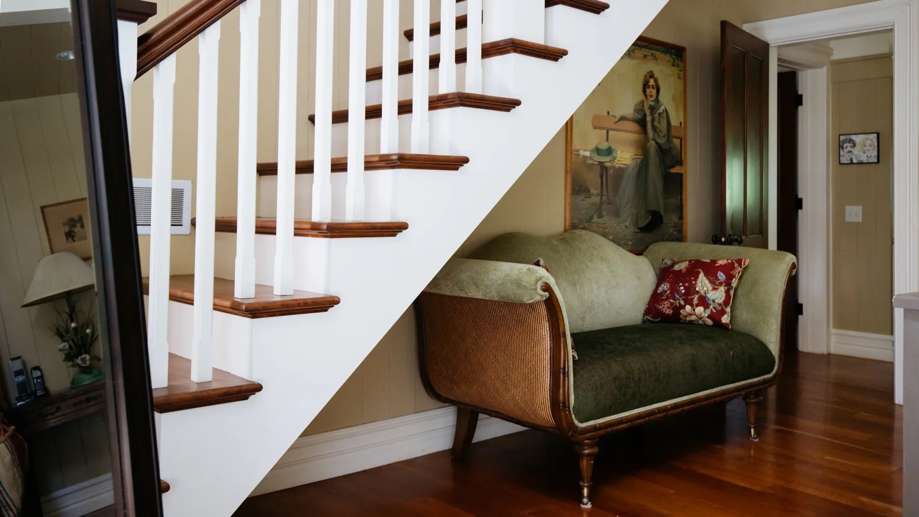 A sitting area beneath a staircase features a green upholstered settee.